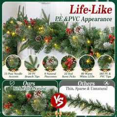 9ft Pre-Lit Christmas Garland, PE/PVC Mixed, 80 LED Lights w/ 8 Modes & Timer for Outdoor Indoor Xmas Decoration Fireplace Stairs Doorway Railings Decor