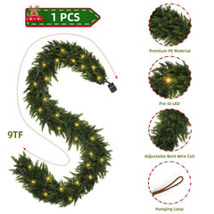 9ft Artificial Cedar Garland with Lights, Norfolk Pine Christmas Garland for Holiday Winter Mantle, Wall, Fireplace, Staircase Indoor Outdoor Decor
