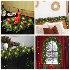 9ft Artificial Cedar Garland with Lights, Norfolk Pine Christmas Garland for Holiday Winter Mantle, Wall, Fireplace, Staircase Indoor Outdoor Decor