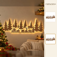 Wodellrrea Christmas Forest Wall Decor, Lighted Wooden Village, Holiday Wall Art, Individual LEDs, Brown Tree and Town Scene with Included Lights and Stickers for Indoor Seasonal Decorating