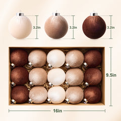  15 Pcs Fabric-Wrapped Christmas Ball Ornaments - 3.2 Inch Large Shatterproof Christmas Tree Decorations in Ivory, Khaki and Dark Brown for Farmhouse, Woodland and Holiday Decor