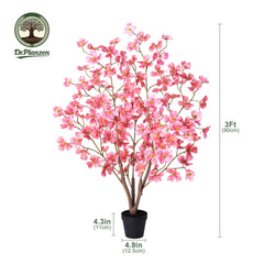  3ft Artificial Red Dogwood Tree, Lifelike Faux Dogwood Flower Tree with Green Leaves for Home Decor Indoor Outdoor, Spring Decoration for Living Room Office