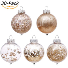 Sea Team 60mm/2.36" Shatterproof Clear Plastic Christmas Ball Ornaments Decorative Xmas Balls Baubles Set with Stuffed Delicate Decorations (30 Counts, Champagne)