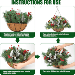 Artificial Christmas Hanging Basket with LED String Lights Christmas Hanging Plant Basket Artificial Flowers with Frosted Pine Needles Pinecones Red Berries Fake Plants Faux Decor for Xmas Decor