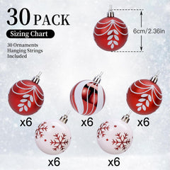  30ct Christmas Ball Ornaments, 2.36 in Shatterproof Xmas Tree Decorations, Plastic Baubles for Holiday, Party, Wedding, or Home Decor, Red & White