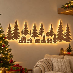 Wodellrrea Christmas Forest Wall Decor, Lighted Wooden Village, Holiday Wall Art, Individual LEDs, Brown Tree and Town Scene with Included Lights and Stickers for Indoor Seasonal Decorating