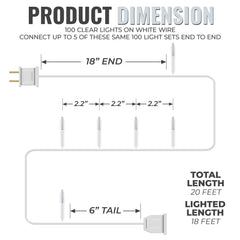612 Vermont 100 Clear White Christmas Lights on White Wire, Indoor Outdoor Use, 18' Lighted Length, 20' Total Length (Pack of 2)