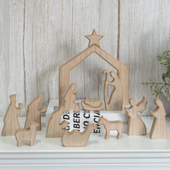 Nativity Set Christmas Decor,13Pcs Lovely Wooden Christmas Nativity Scene Miniature Holy Family Figurines, Minimalism Boho Christmas Decorations for Indoor Shelves Mantel Tabletop Display