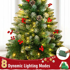 Yexmas 7.5FT Pre-Lit Christmas Tree with Pinecones and Red Berries,Artificial Green Xmas Tree with Large Storage Bag for Home, Office, Party Decoration