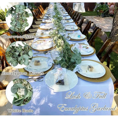  Christmas Eucalyptus Garland, 2 Pcs 6.56 FT Artificial Greenery Garland Silver Dollar Leaves Boxwood Vines with White Buds for Home Wedding Party Table Mantle Xmas Decor