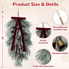 Yastouay 2 Pack 28in Christmas Swag , Artificial Norfolk Pine Door Swag with Red Velvet Bow Bells Pinecones for Indoor Outdoor Christmas Decor