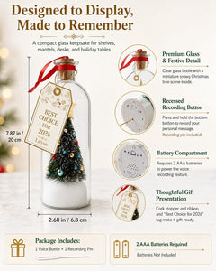 Recordable Christmas Tree in a Bottle, 3pc 30 Second Voice Recorder Ornaments for Mantel, Shelf and Holiday Decor Gifts, 7.1in