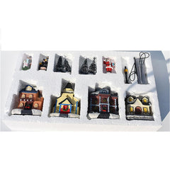 TureClos 10Pcs Christmas Village Set LED Lighted Resin Christmas Village Houses with Figurines Christmas Ornaments Decoration Gifts