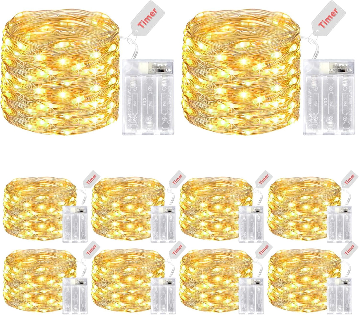 kolpop 10 Pack Fairy Lights Battery Operated with Timer, 16FT 50LED Mini String Light Battery Powered, Warm White Tiny Christmas Lights for Indoor Wedding Decorations